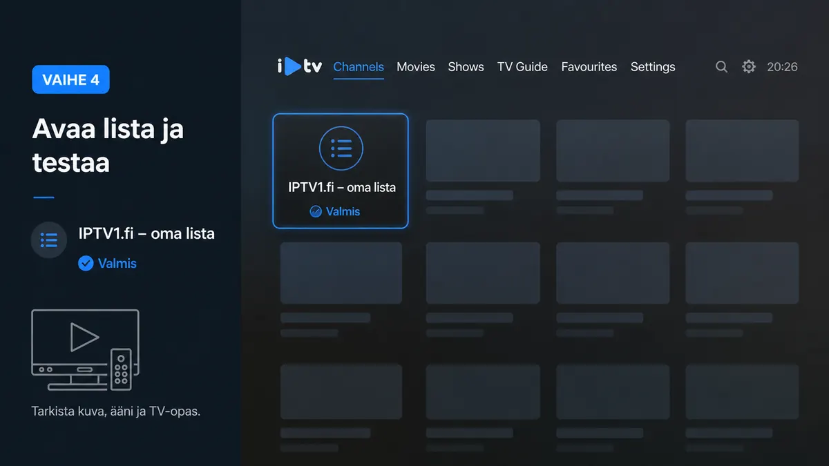 iPlayTV ohjeet vaihe 4 – testaa kuva ääni ja TV-opas