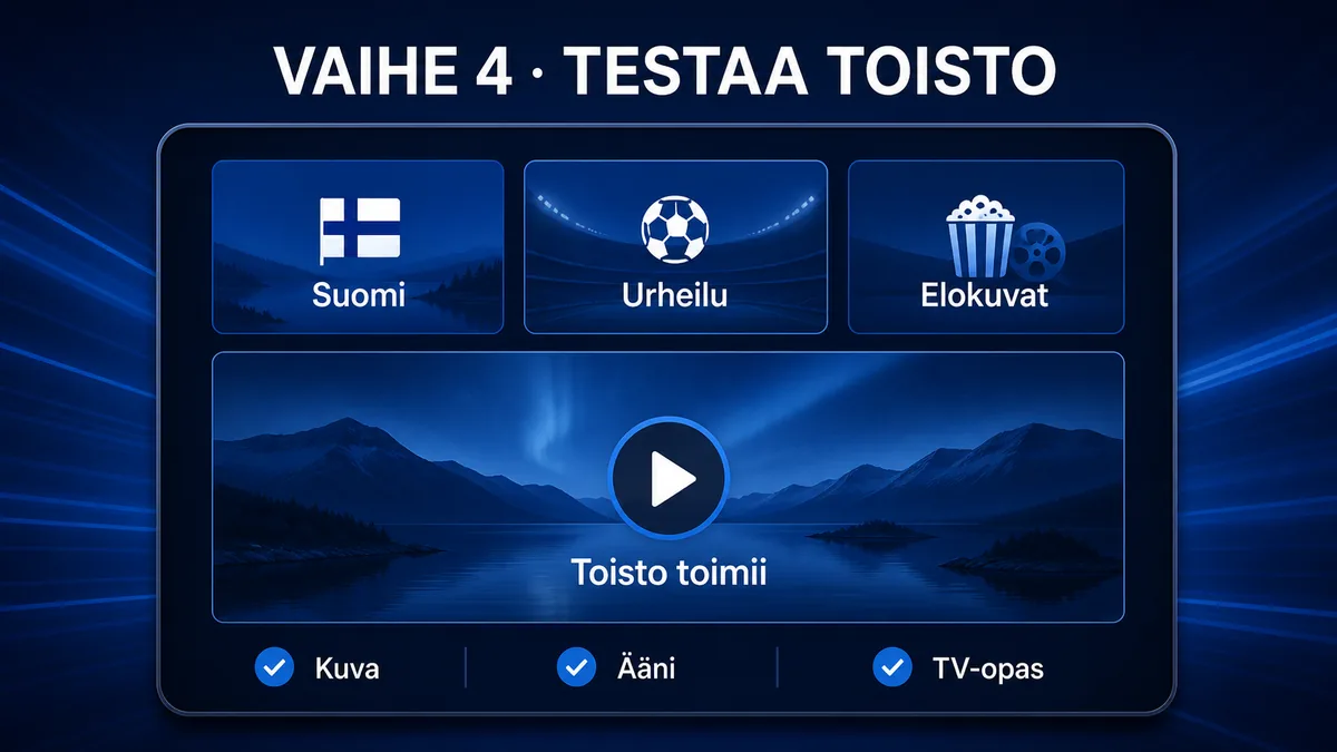 IPTV Smarters Pro ohjeet vaihe 4 – testaa toisto ja TV-opas