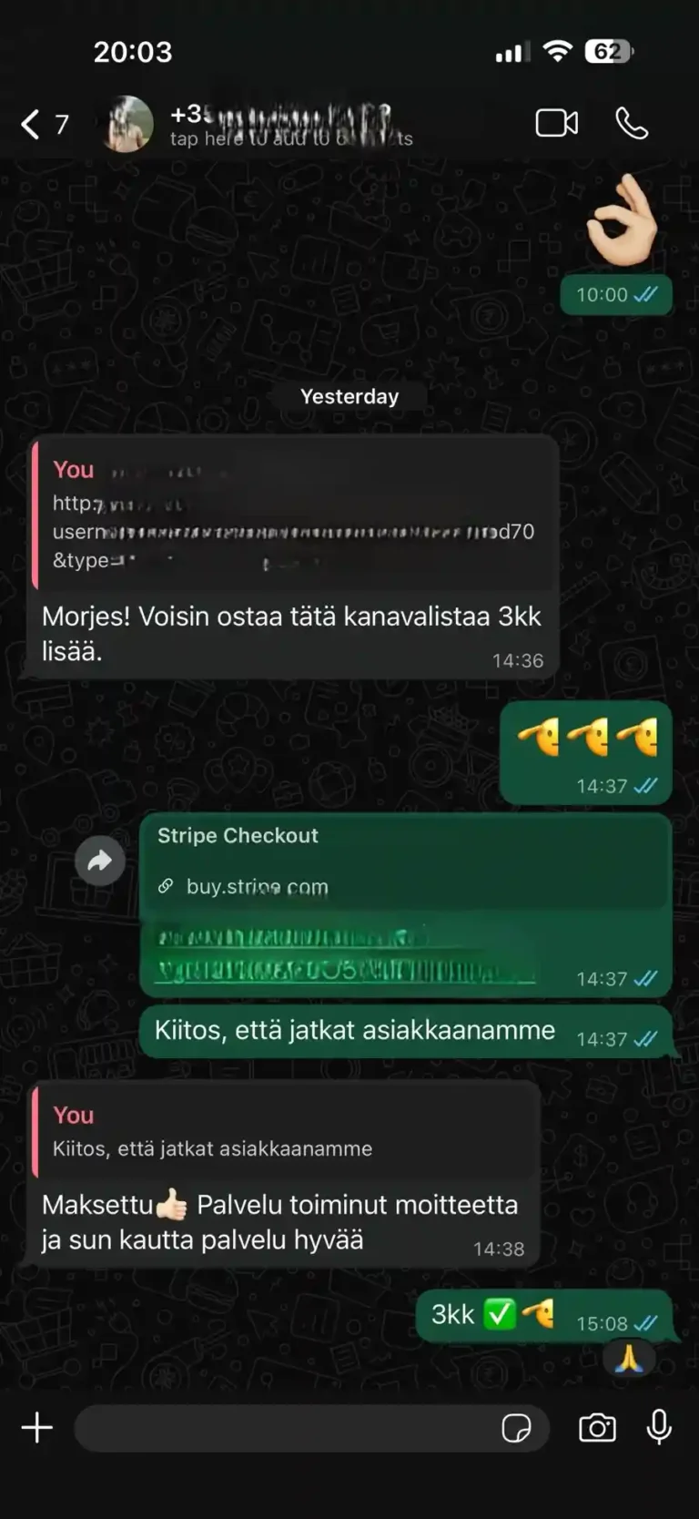 IPTV Suomi -tilauksen toimitus WhatsAppissa