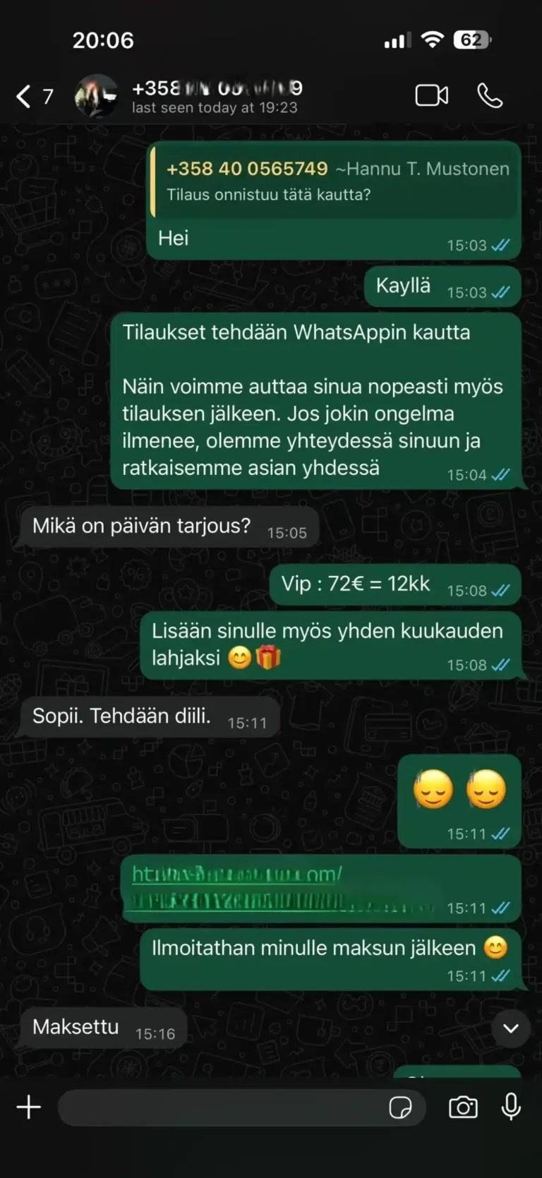 IPTV Suomi -tilaus WhatsAppissa – tilausvahvistus