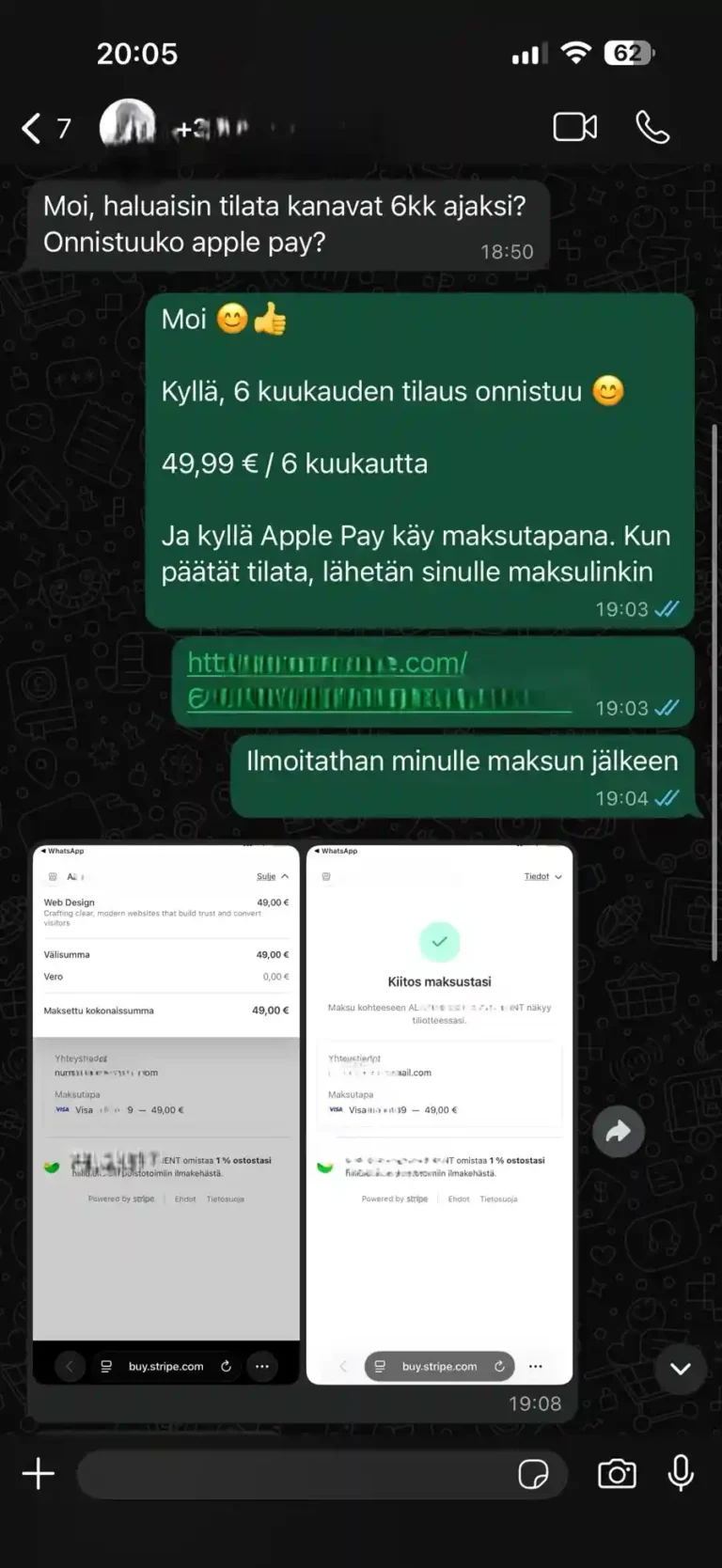 IPTV Suomi -asiakkaan maksu ja aktivointi WhatsAppissa