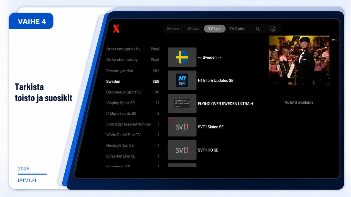 IPTVX ohjeet vaihe 4 – testaa toisto ja TV-opas