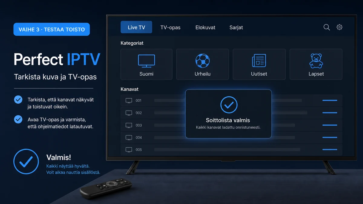 Perfect IPTV ohjeet vaihe 3 – testaa kuva, ääni ja TV-opas