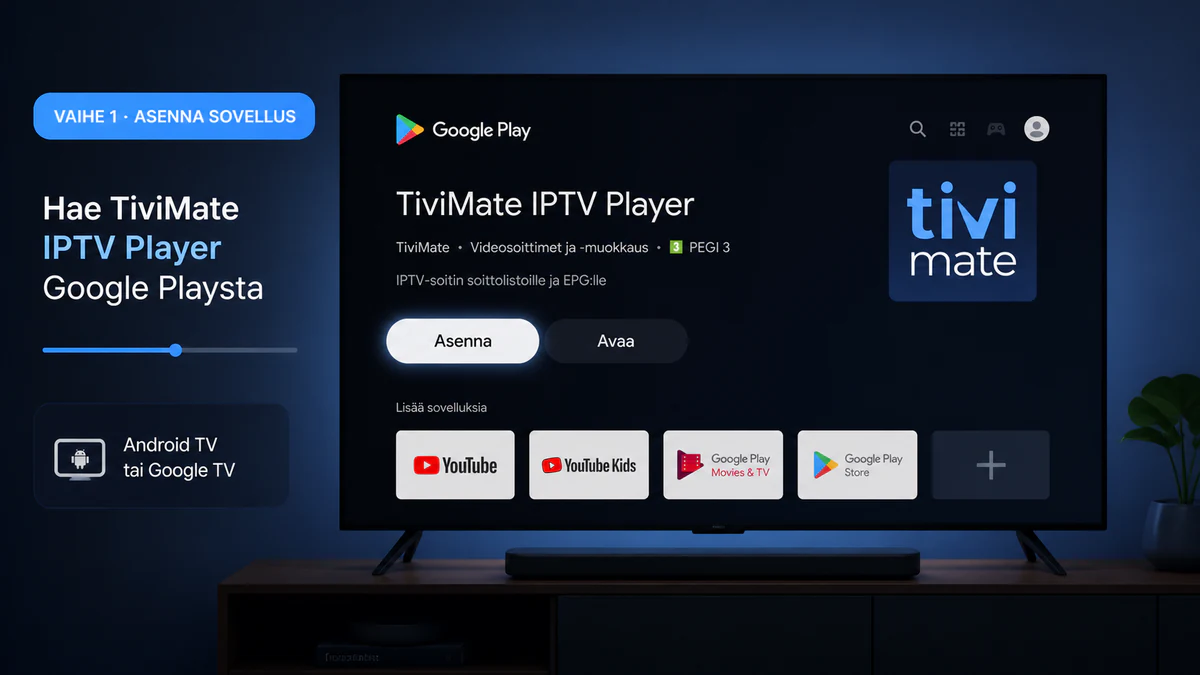 TiviMate ohjeet vaihe 1 – asenna sovellus Android TV:lle